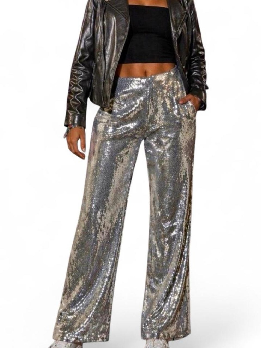 Boston Proper Malibu Silver Sequin Wide Leg Pants Lined Stretch Waist Glam Small